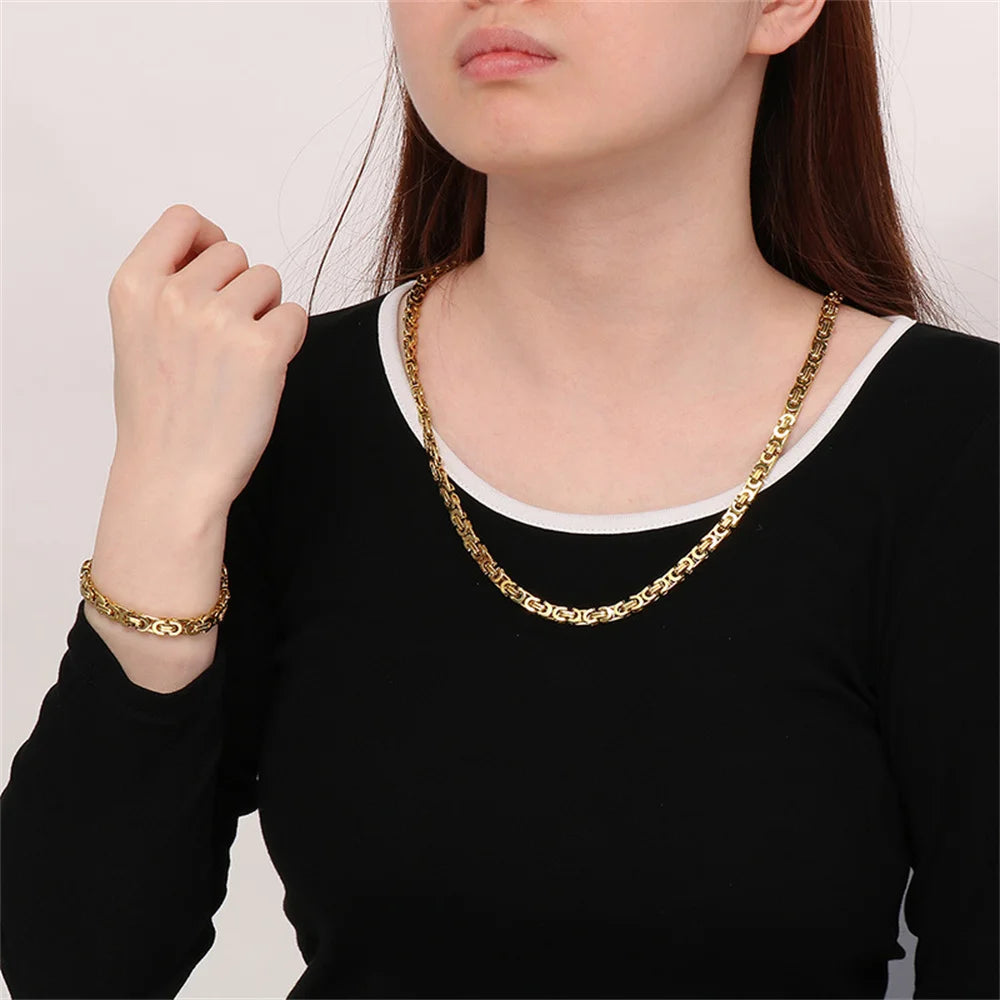 Gold Flat Byzantine Link Chain Necklace 6mm — Stainless Steel