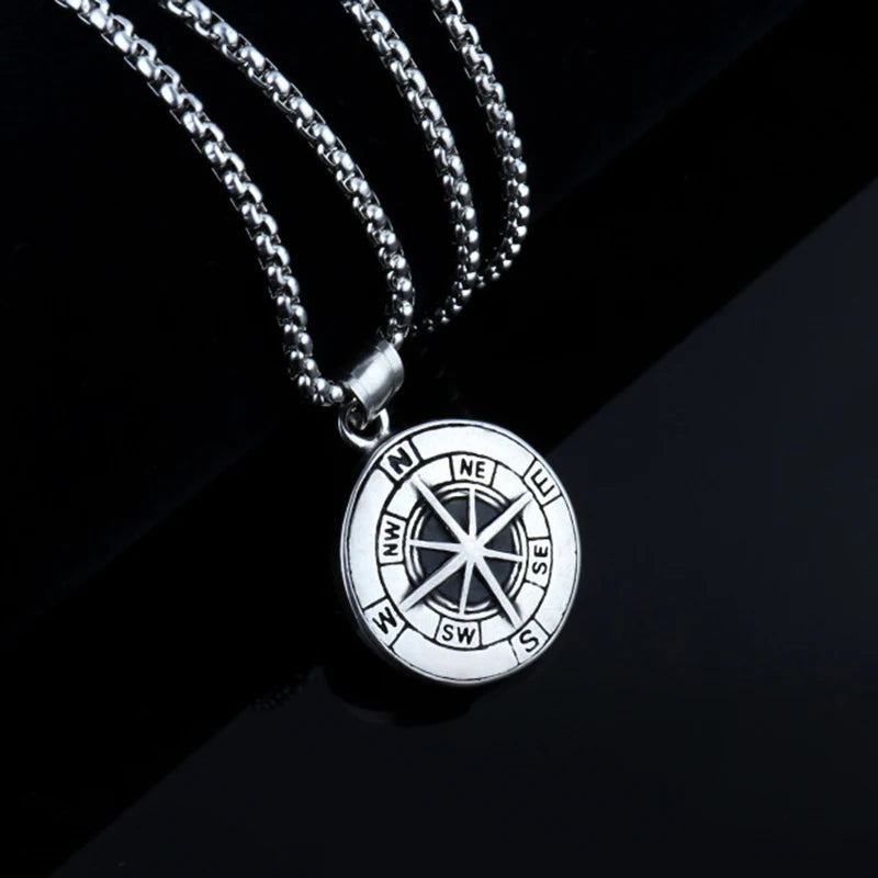 Viking Compass Pendant Necklace Silver Stainless Steel
