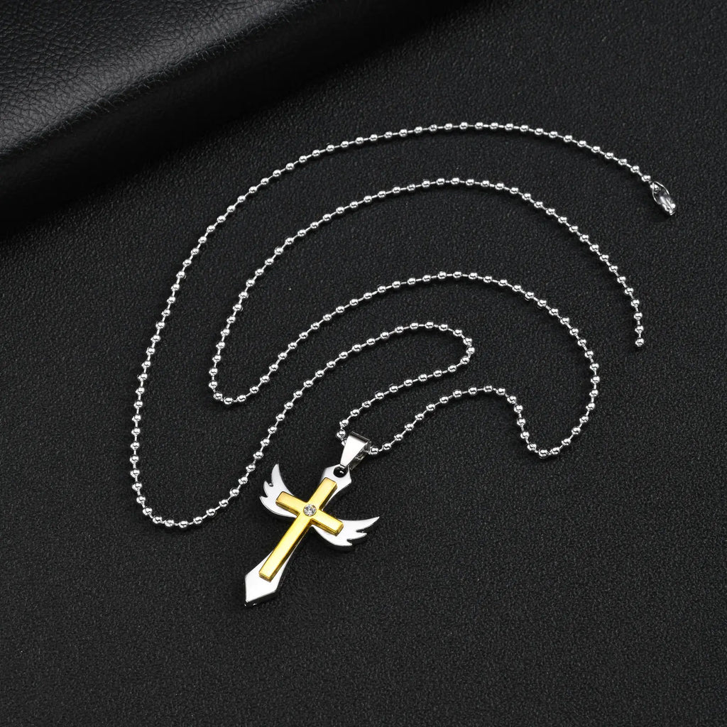 Mens Stainless Steel Necklace, Two-tone Wing Cross Pendant CZ Stone, 70cm Bead Chain, Religious Faith Jewelry Gift for Men