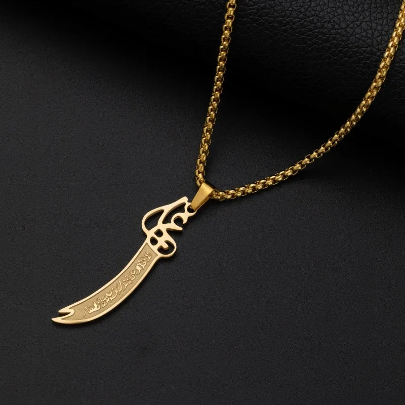 Stainless Steel Islamic Imam Ali Zulfiqar Sword Pendant Necklace Quran Pendant Shia Islamic Jewelry for Men and Women