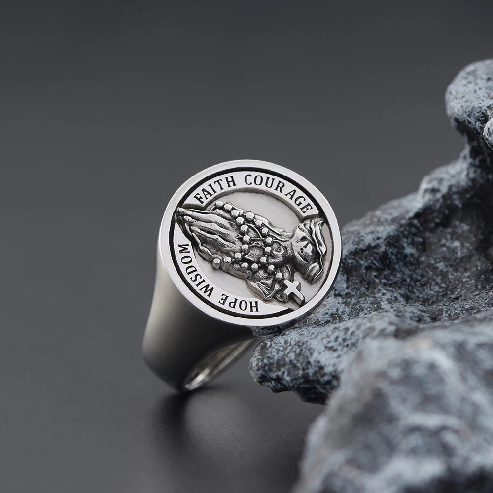 Praying Hands Cross Ring — 925 Silver