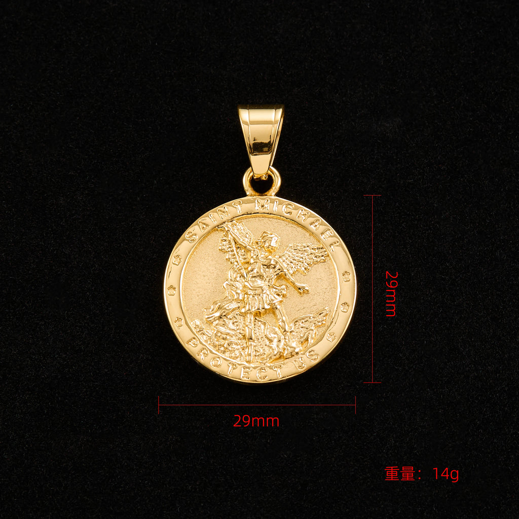 St. Michael Embossed Round Pendant Necklace — Stainless Steel