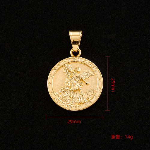 316L Stainless Steel Gold color St. Michael Embossed Round Pendant Necklace Hypoallergenic Tarnish Resistant Street Jewelry