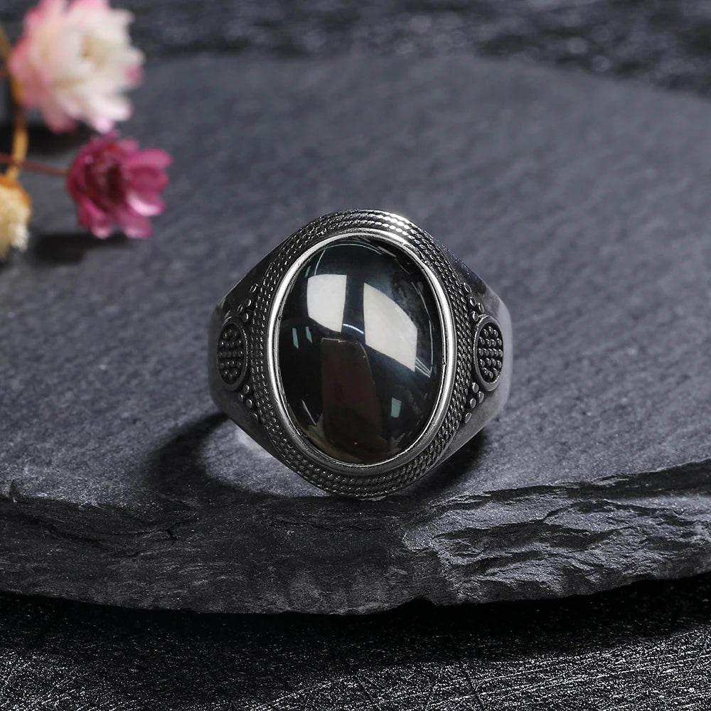 Silver Plated Rings Large Natural 10x14MM Black Agate Ring for Women Men Silver Party Jewelry Tiger Eye Turquoise Lapis