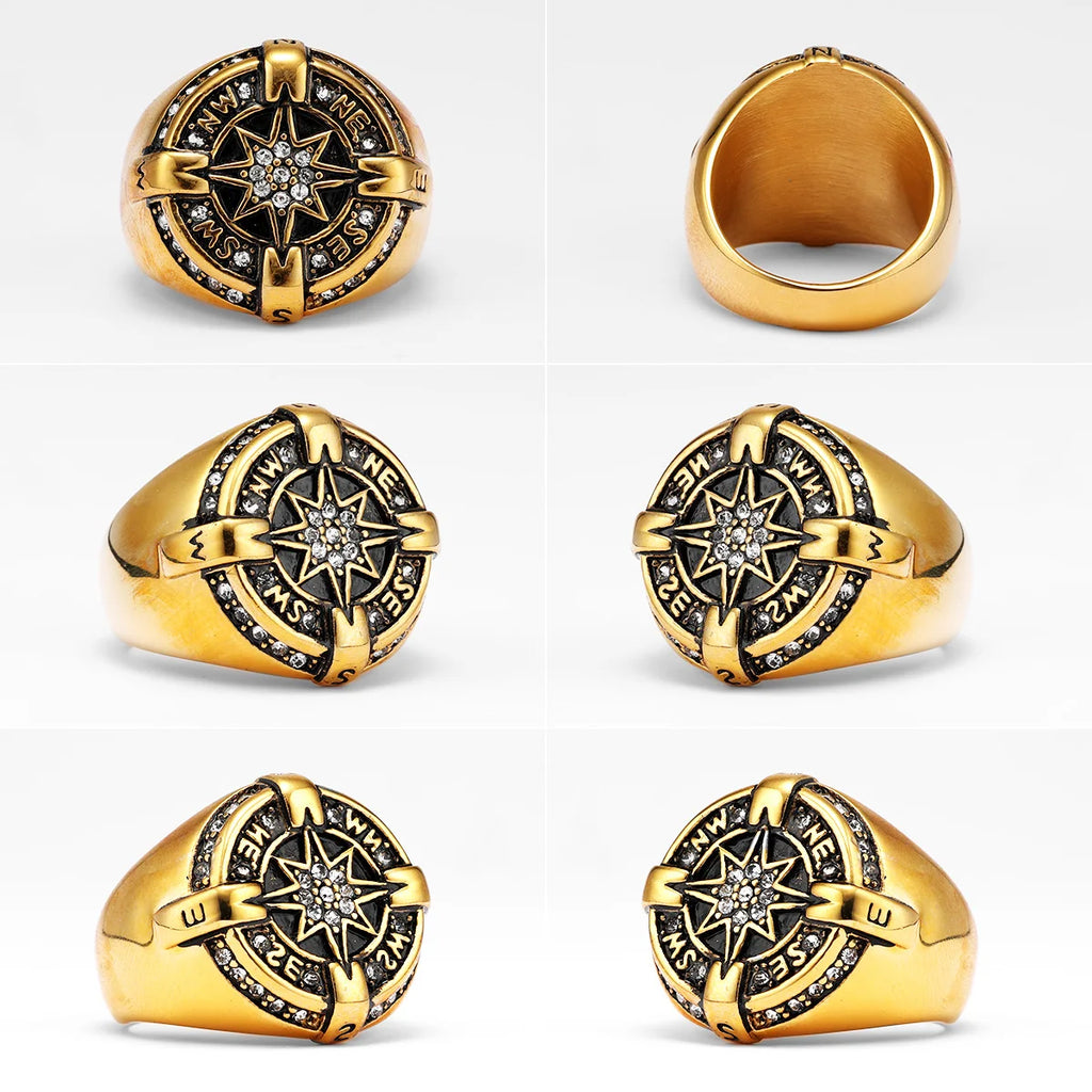 Iced Out Compass Ring — Stainless Steel