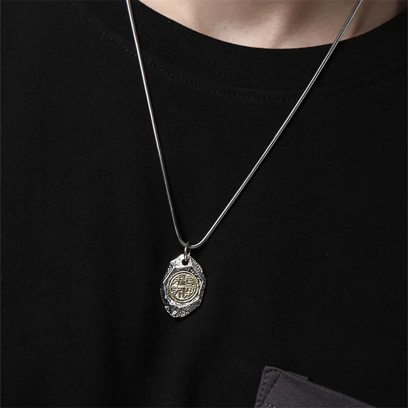 Vintage Boundless Joy Stone Pendant For Men Jewelry Ethnic Style Lucky Chain Necklace Male Personality Sweater Accessories