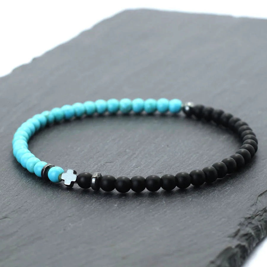Bicolor Natural Stone 4mm Beaded Bracelet for Men — Elastic