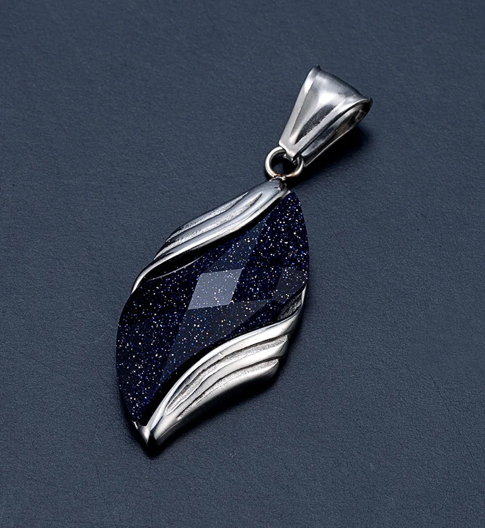 Stylish Blue Sandstone Necklace for Men,Stainless Steel Black Agate Angel Eye Pendant Necklace,Trendy Gifts to Him Boys