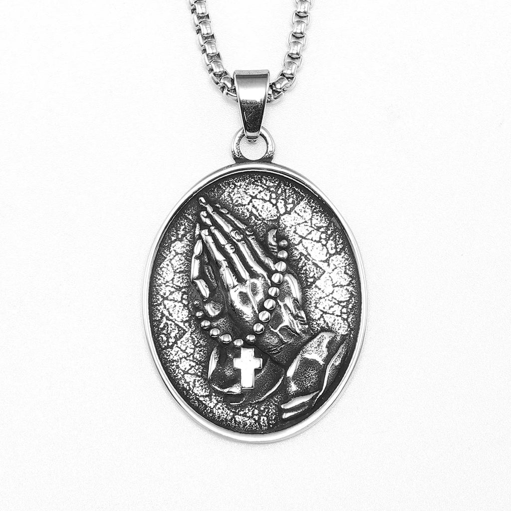 Praying Hands Cross Pendant — Stainless Steel