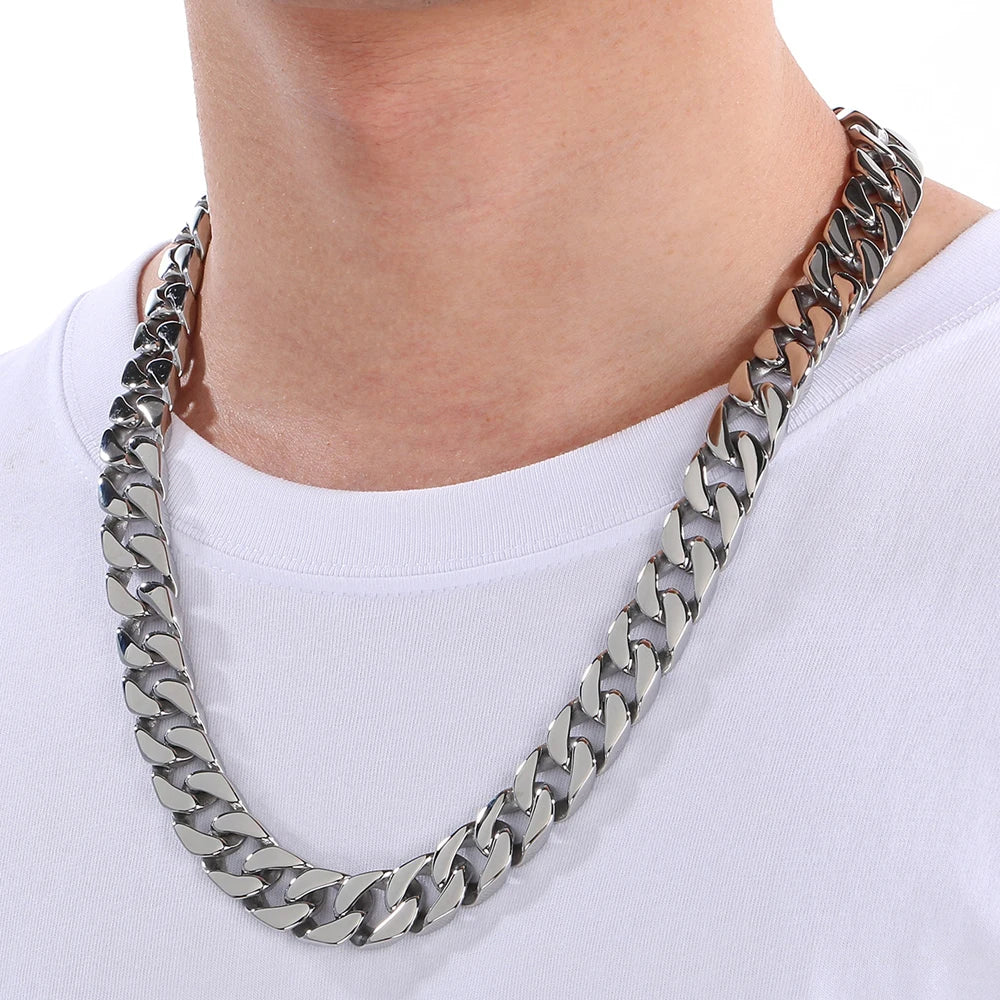 60CM 15MM Width Curb Cuban Link Chain Necklace for Man 316L Stainless Steel On Neck Chains Jewelry Men's Necklaces