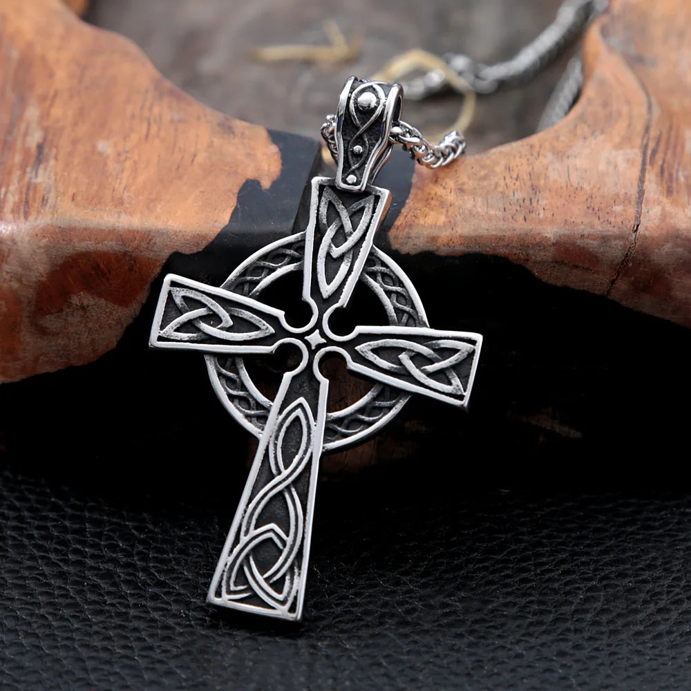 Mens Irish Celtic Knot Cross Pendant Necklace Stainless Steel Nordic Viking Necklace Ancient Talisman Pendant Jewelry