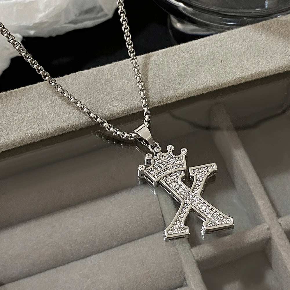 Freetry 26 Letters A-Z Zircon Crown Pendant Necklace for Women Men Punk Initial Alphabet Necklaces Hip Hop Choker Chain