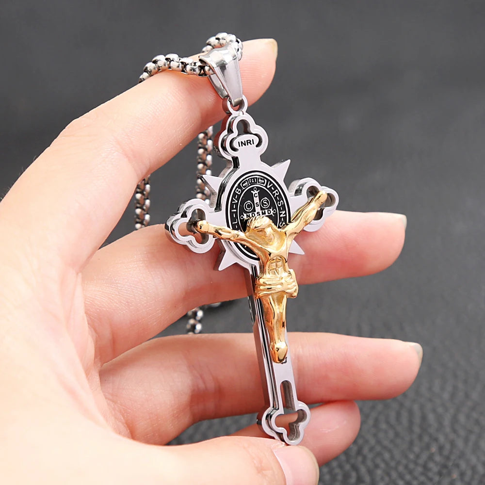 Vintage Christian Jesus Cross Pendant Necklace Men's Stainless Steel Religious Jesus Necklaces Prayer Baptism Jewelry
