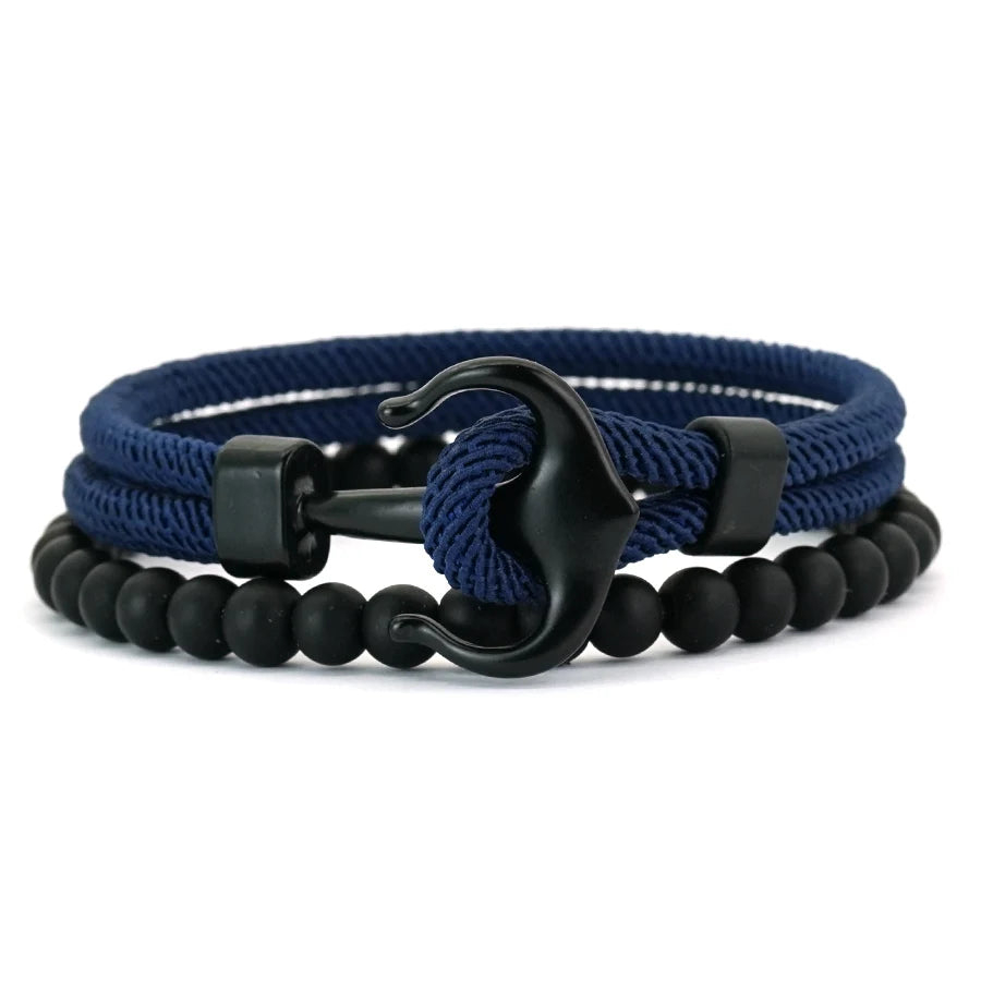 Stylish 2Pcs Men Anchor Bracelet Set Grade A 4mm Cord Sweat Wicking Sports Wrist Accessories Perfect Gift For Him