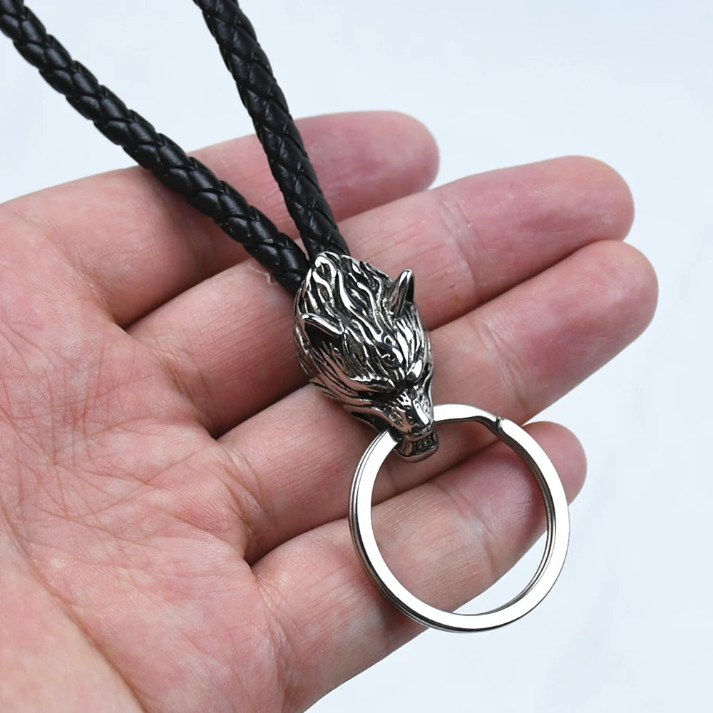 Vintage Wolf Head Keychains Viking Pendant Stainless Steel Wolf Keyring Male Black Leather Key Ring