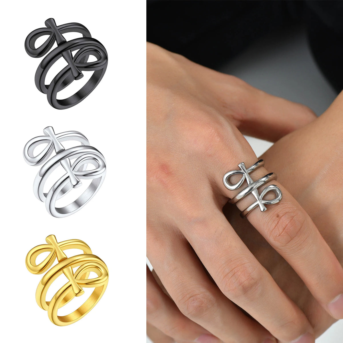Ankh Cross Ring Layered Wrap Key of Life — Stainless Steel