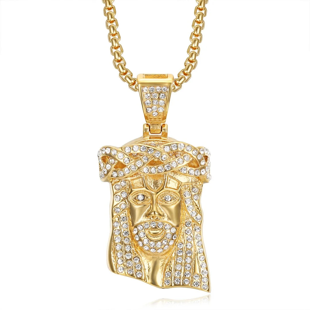 Religious Iced Out Bling Christ Jesus Head Pendant Stainless Steel Cubic Zirconia Christian Necklace for Women Men Jewelry Gift
