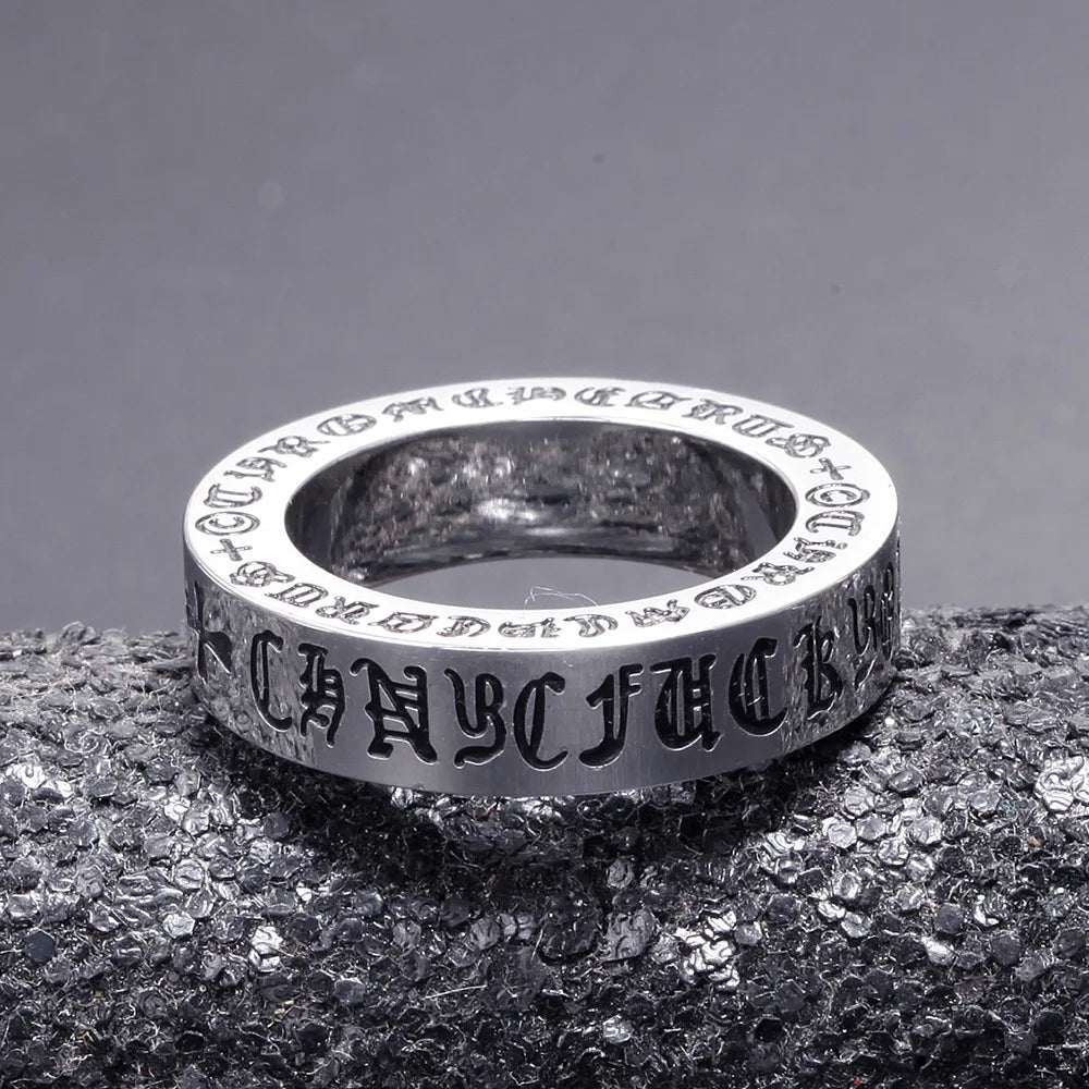 Retro Six-Character Mantra Stainless Steel Finger Ring Men Women Eternal Heart Cross Ring - Vintage Style Jewelry Accessories