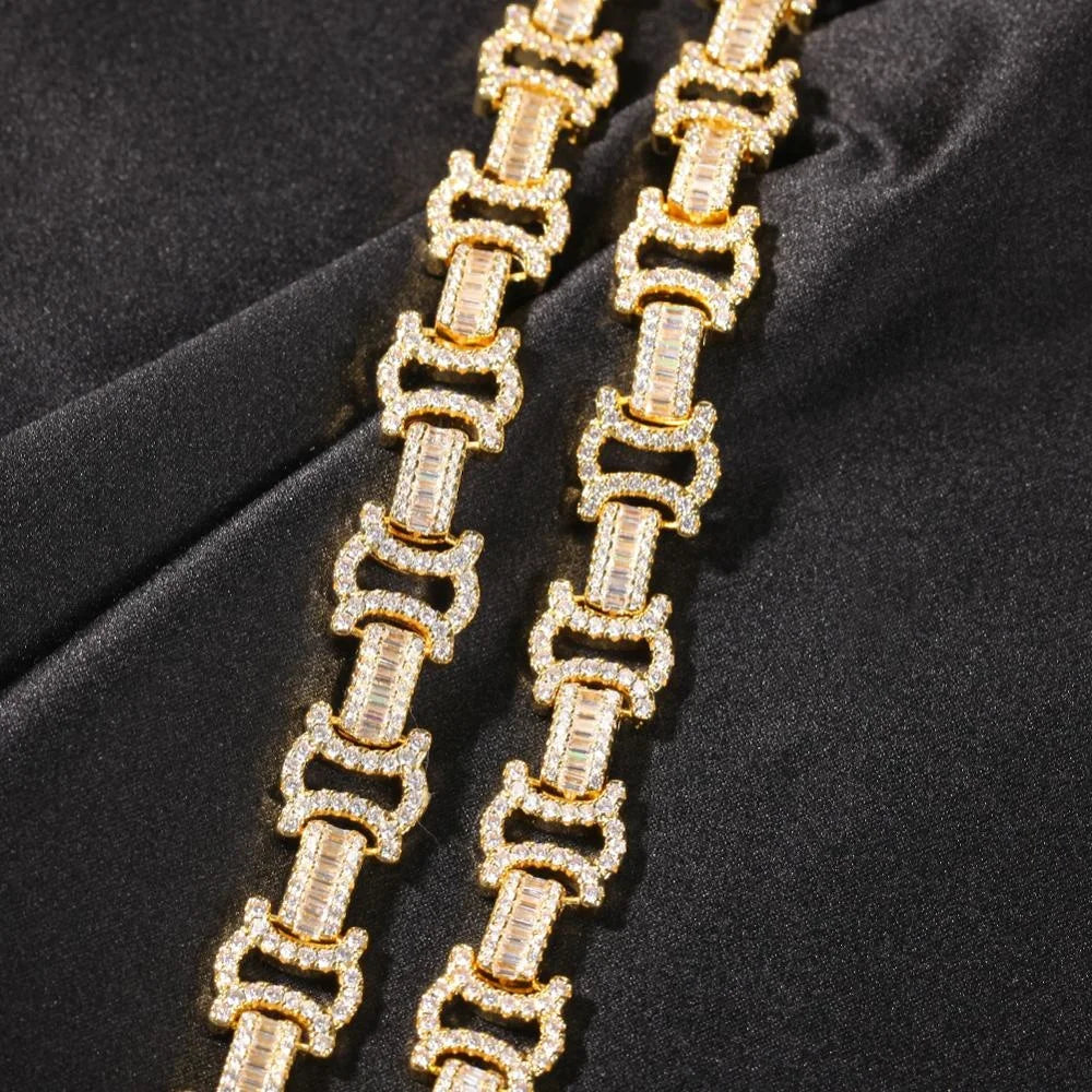 Uwin 12mm Byzantine Chain CZ Fully Iced Out Link Baguetter Pave Setting Necklace Jewelry Accessories