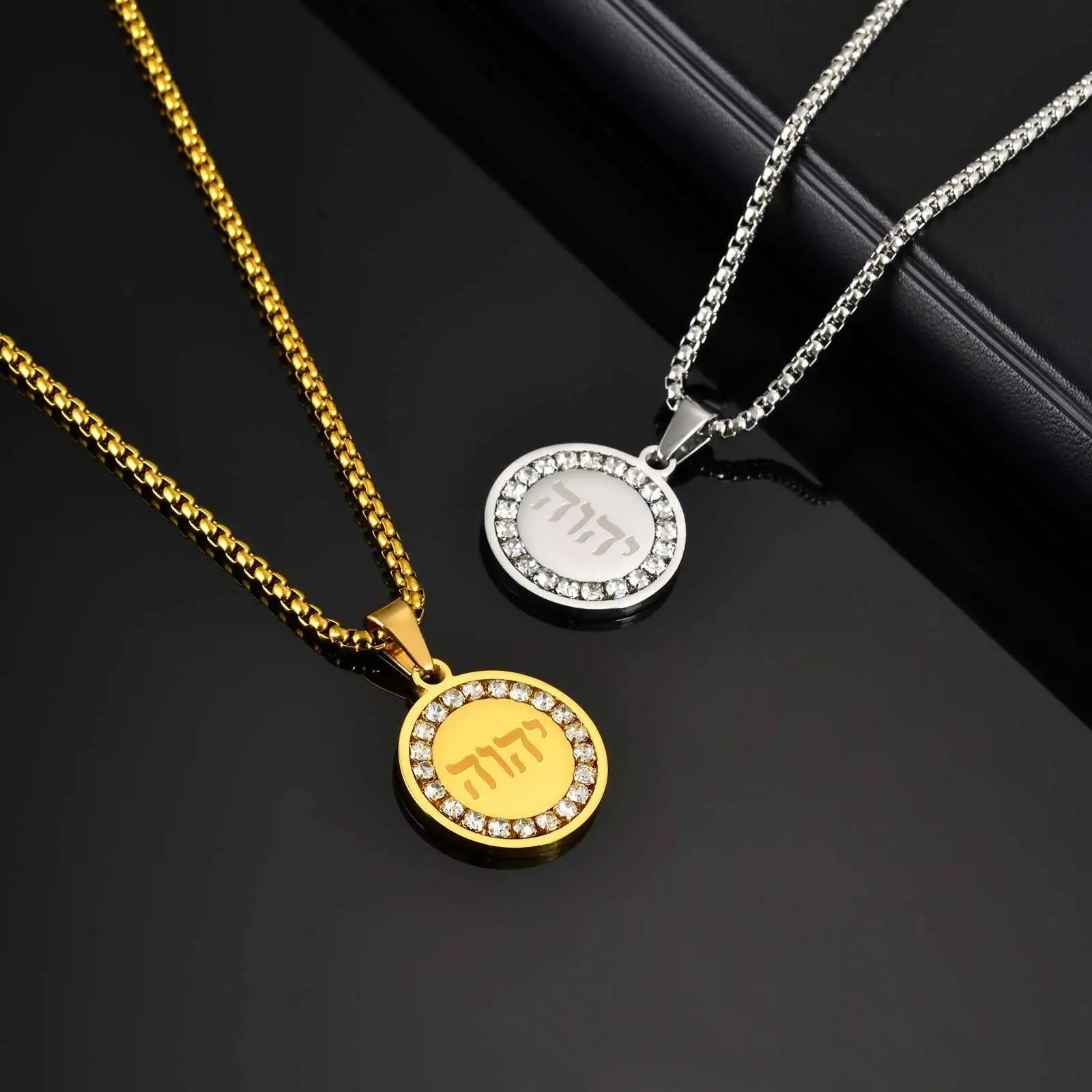 Hebrew Zircon Round Pendant — Stainless
