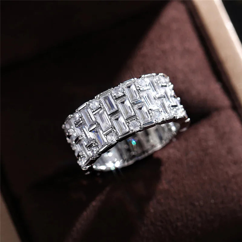 Geometric CZ Wedding Ring for Women — Silver-Tone Band