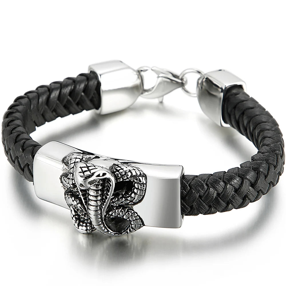 Punk Gothic Men's Snake Head Body Bracelet Man Distressed 316L Stainless Steel & Leather Wrap Bracelet for Men Animal