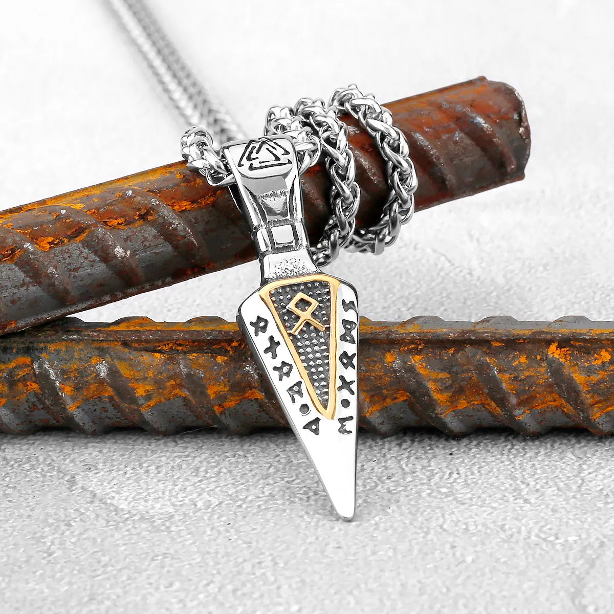 Men Viking Stainless Steel Necklace Double-sided Gold Color Norse Spear Pendant Thor Hammer Vegvisir Amulet