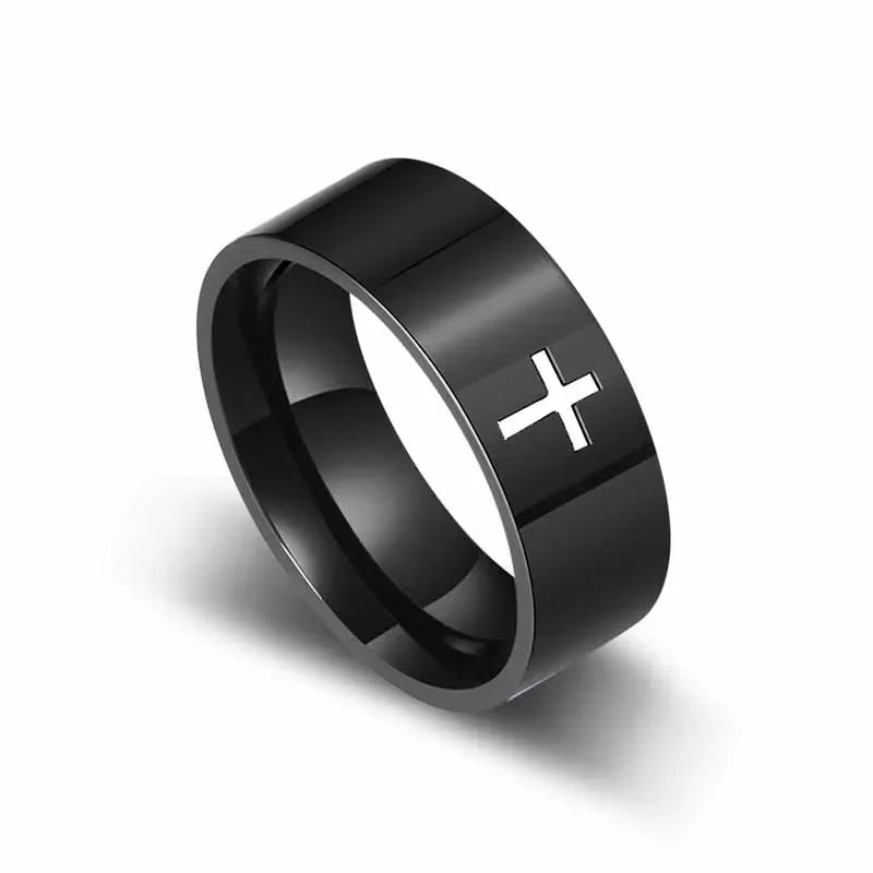 Unisex Retro Punk Style Jesus Cross Ring 6/8MM Black Silver Fashion Religious Prayer Jewelry for Men And Women Halloween Gift