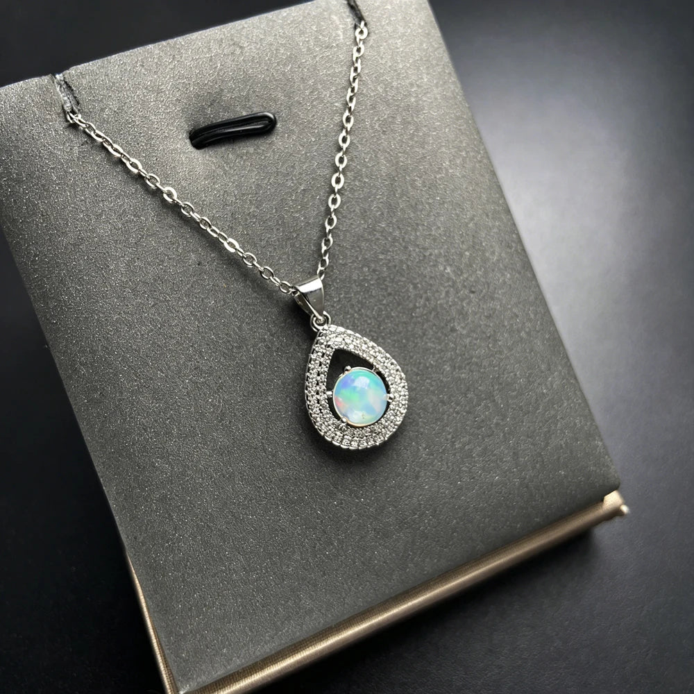 Opal Stone Pendant Necklace — Round 7mm Cabochon