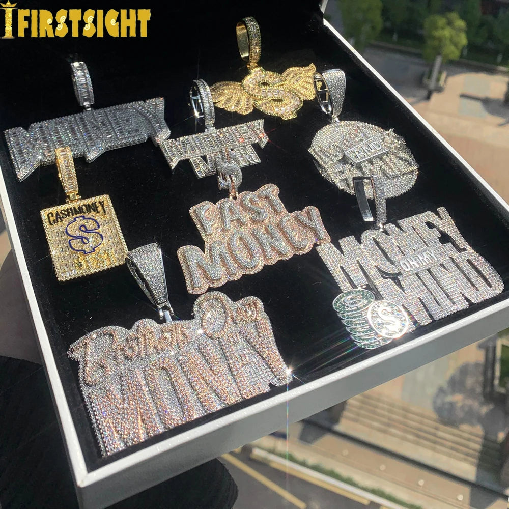 New Hip Hop Money Pendant Necklace Gold Color Iced Out Bling CZ Cubic Zirconia Letters Rich Dollar Charm Men Women