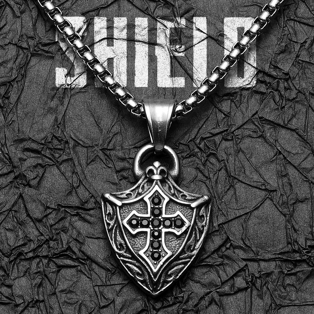 Cross Shield Gemstone Pendant — Stainless Steel