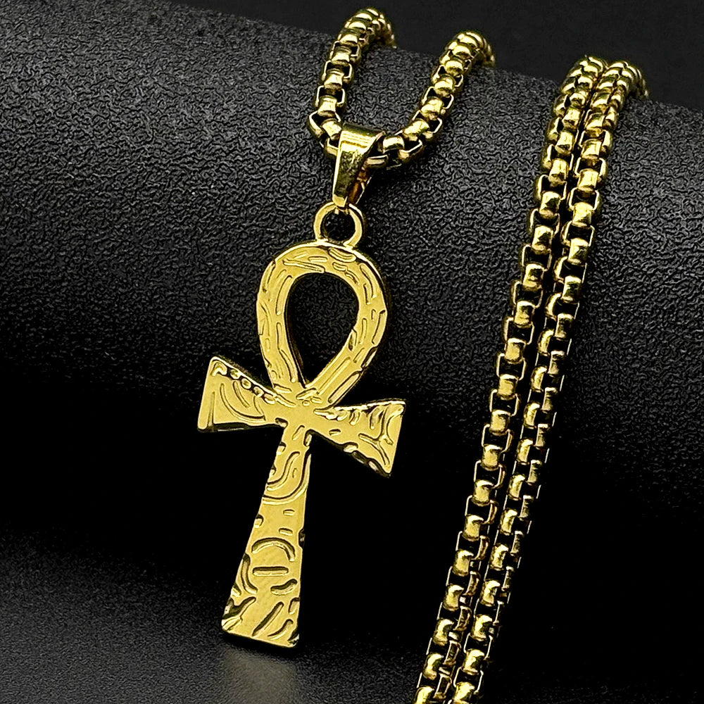 Egyptian Ankh Cross Stainless Steel Pendant Necklace for Women Men Key of Life Symbol Cross Chain Necklaces Amulet