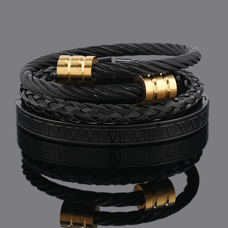 3pcs Luxury Stainless Steel Man Bracelet Set Roman Number Bangles Women Jewelry Couple Gift
