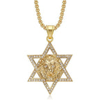 Religious Hexagram Star of David Lion's Head Zirconia Pendant Gold Color Stainless Steel Necklace for Woman Man Jewish Jewelry