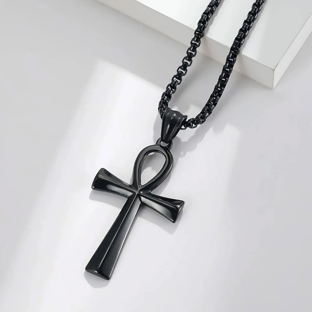 Retro Simple Egyptian Anka Cross Stainless Steel Pendant Necklace Popular Fashion Men and Women Outdoor Party Myth Jewelry Gifts
