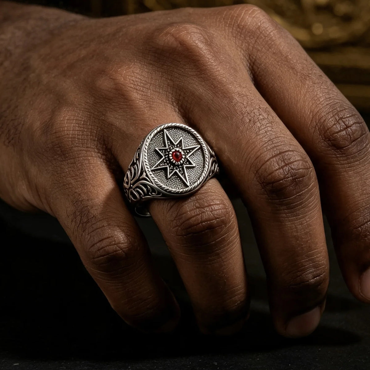 Vintage North Star Signet Ring, Retro Carved Band with Inlaid Red Zircon, Punk Amulet Jewelry, Gothic Statement