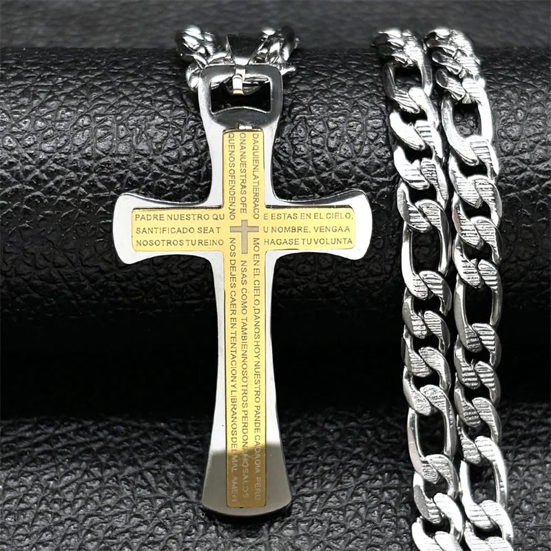 Lord's Prayer Jesus Cross Pendant Necklace — Stainless Steel