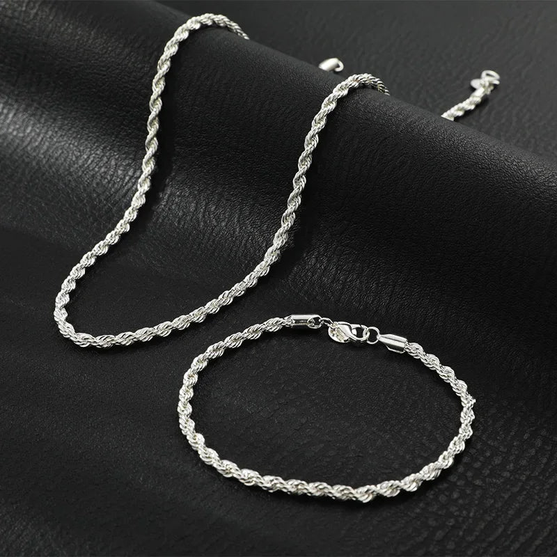 925 Sterling Silver 4mm Chain Male Twisted Rope Necklace Bracelets Fashion Women Men Silver High Quality Jewelry Set