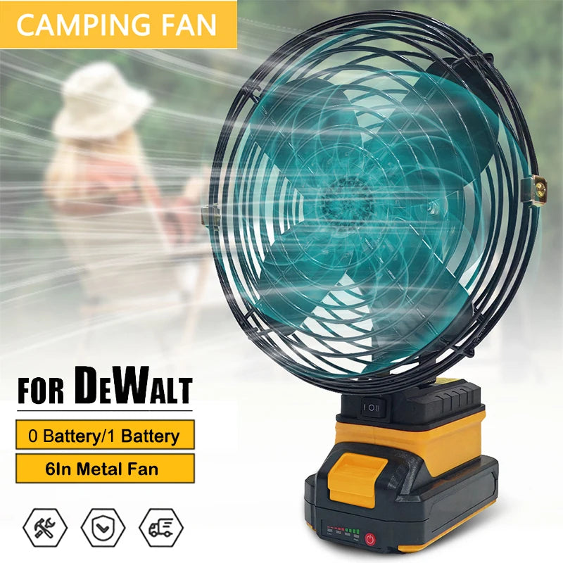 6 Inches Camping Fan 10000/20000mAh Outdoor Fishing Wireless Desktop Portable Metal Fan Strong Wind Fan FIt Dewalt 18V