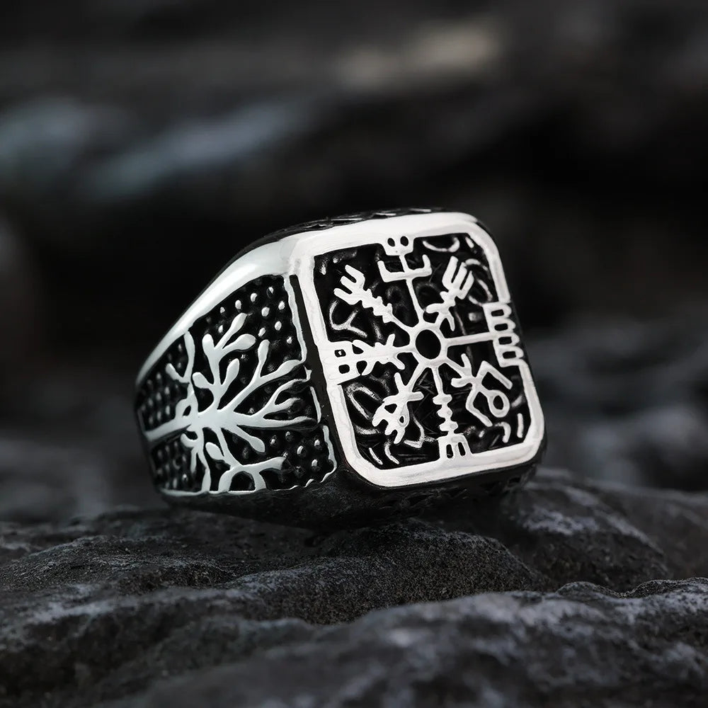 Vintage Viking Rings for Men Stainless Steel Nordic Warrior Shield Viking Rune Ring Fashion Amulet Jewelry Gift