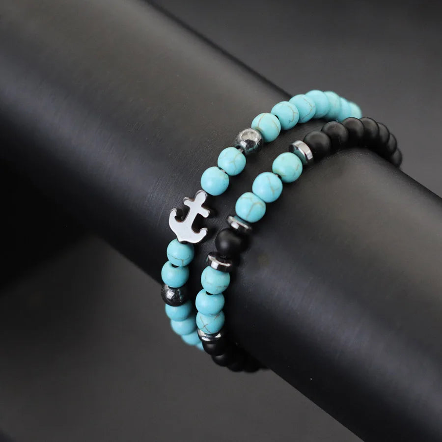 Cool 2Pcs/Set Anchor Stone Bracelet Man Howlite Obsidian Tiger Eyes Grade A Beaded Strand Braslet Fashion Boyfriend
