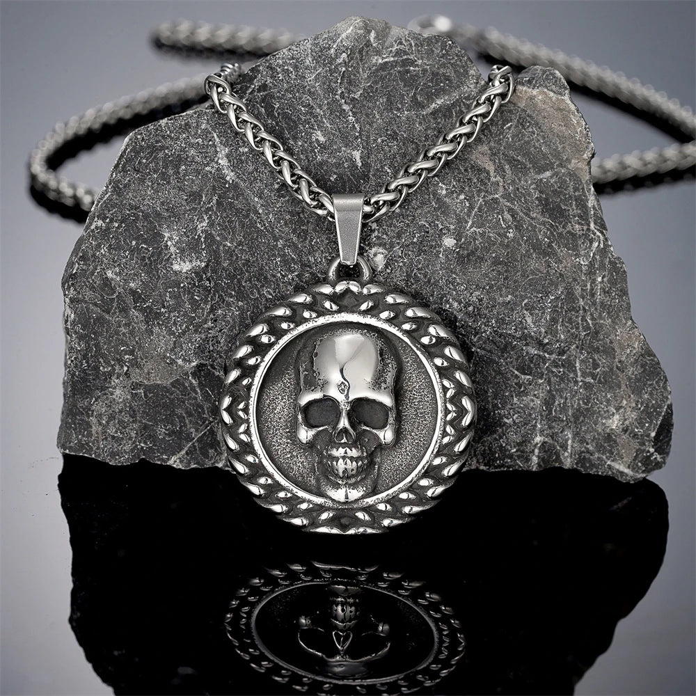 Viking Double-Sided Skull Pendant Necklace — Stainless