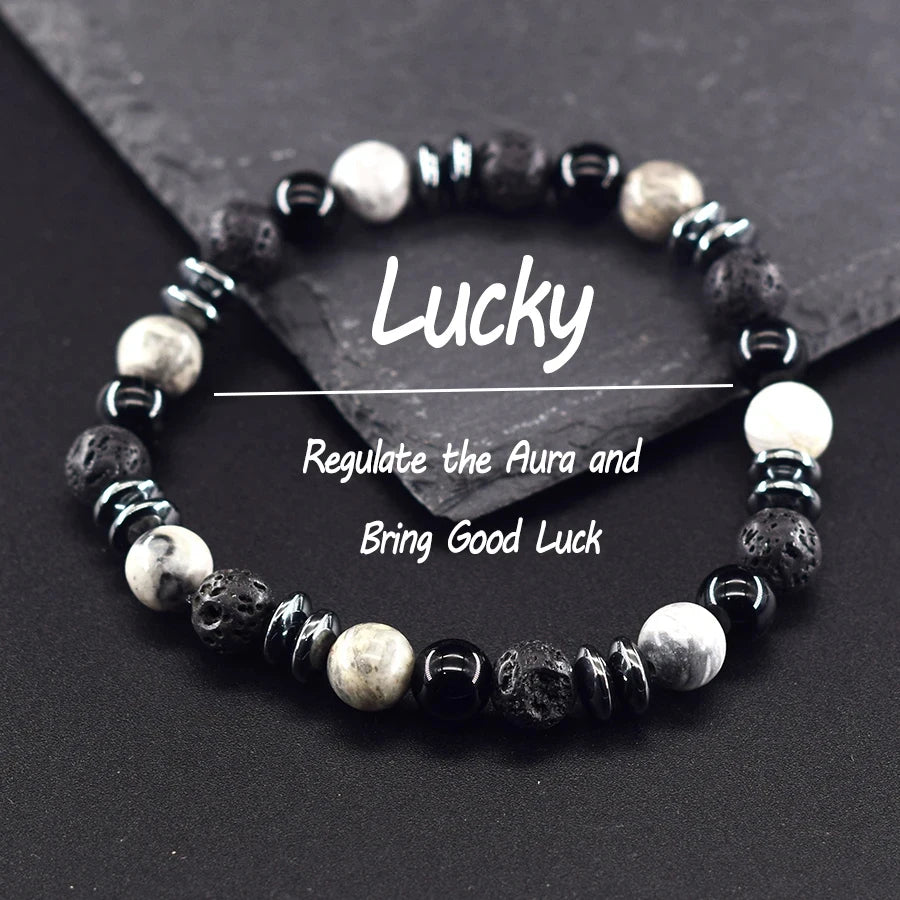 Classic Black Natural Labradorite Volcanic Stone Round Bead Bracelet Health Protection Wealth Luck Accessory Men 팔찌