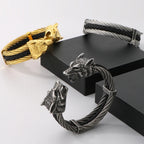 Gothic Elastic Double Wolf Face Head Open Cuff Bangle Bracelet For Man 12MM Wide Twist Chain Stainless Steel Men Men's