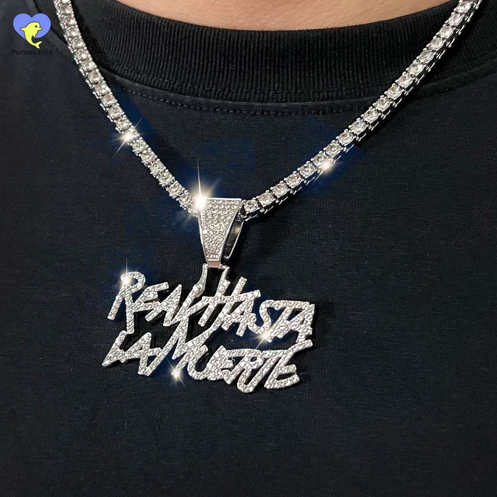 Hip Hop Street Style realhasta lamuerte Letter Bling Pendant Necklace 4mm Bling chain Iced out Bling For Rapper Cool Jewelry