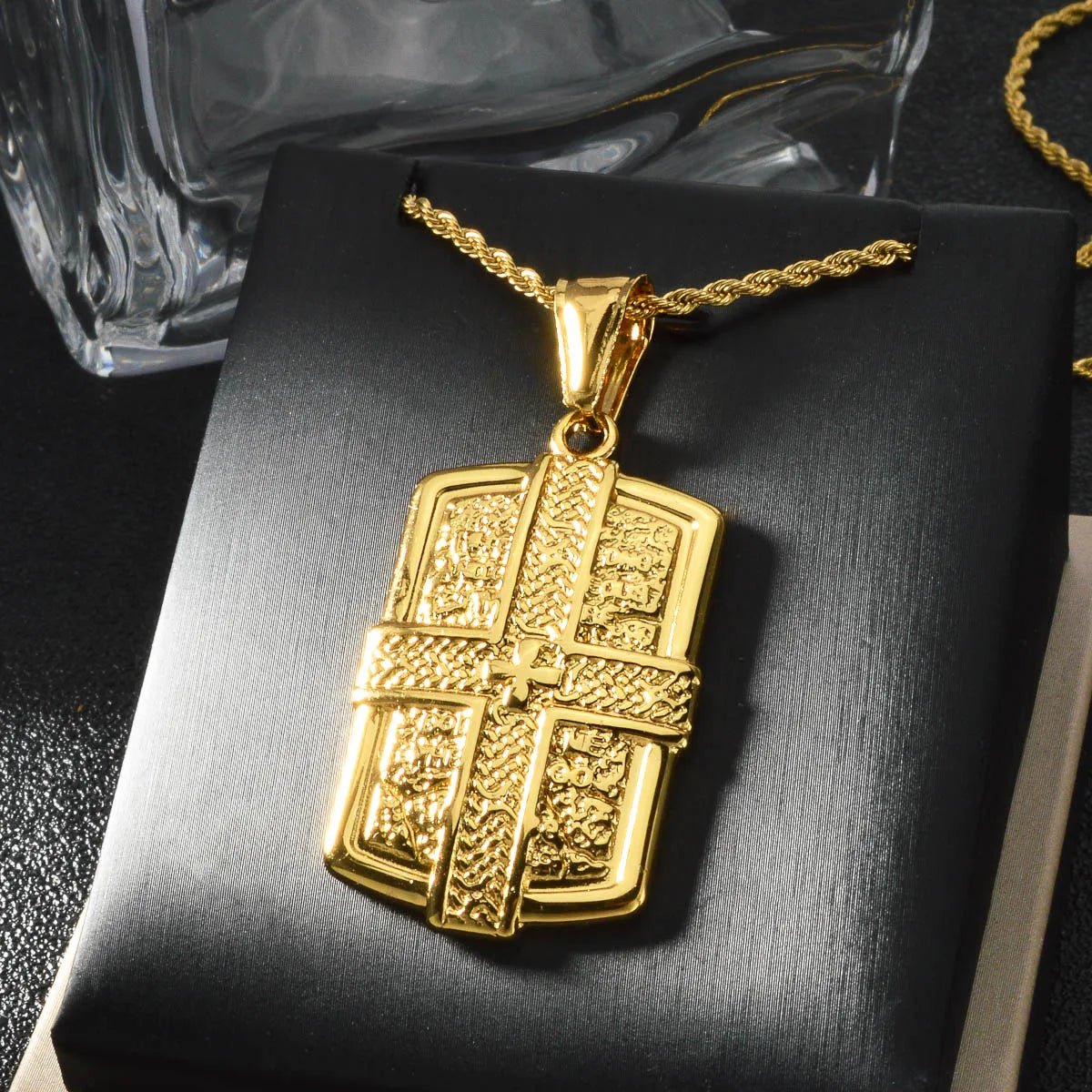 Luxury 24K 9999 Pure Gold real gold Men's Hip-Hop Necklace Vintage Pendant European Cross Embossed Square Brand Pendant