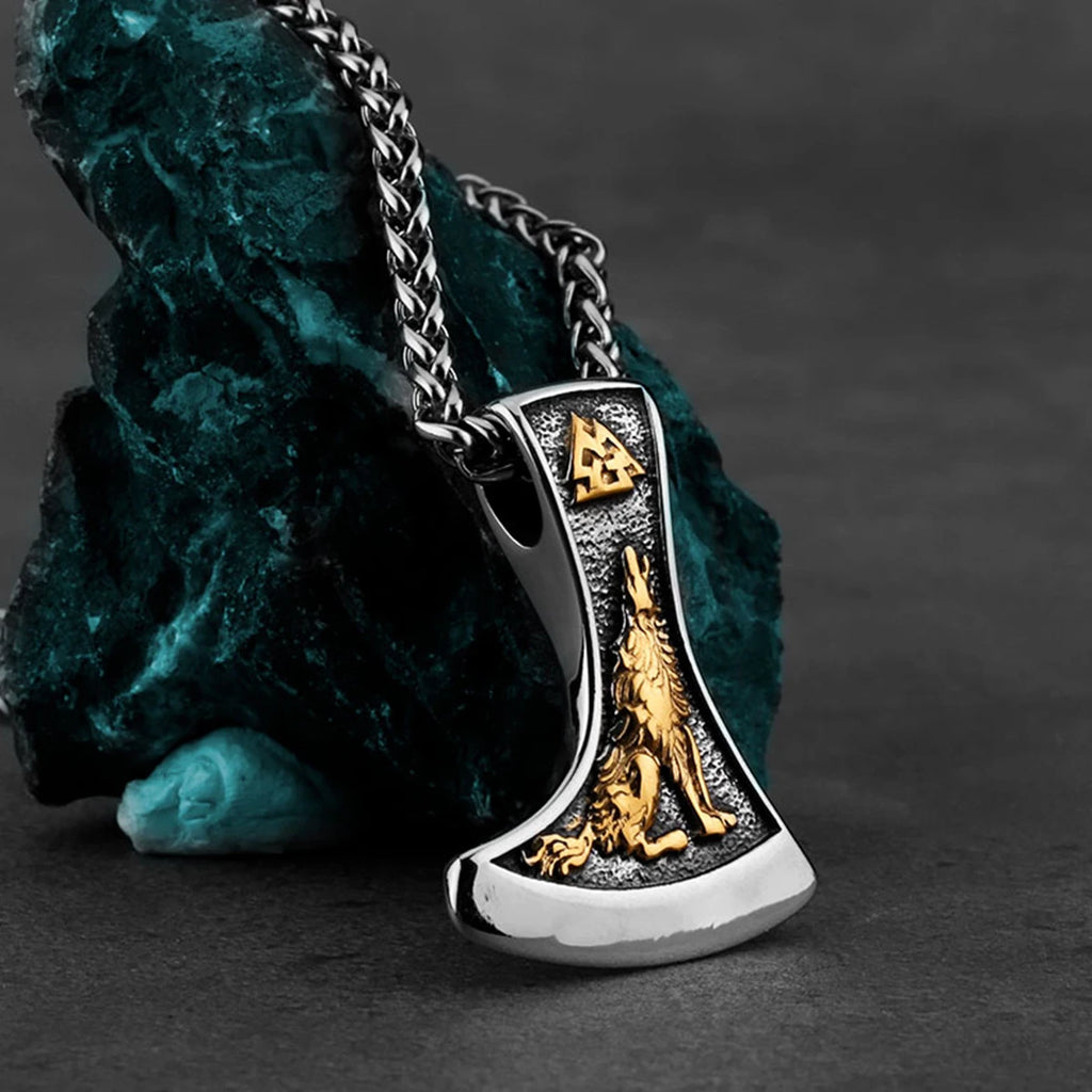 Vintage Viking Double Sided Axe Wolf and Crow Men Necklace Fashion Hip Hop Biker Pendant Stainless Steel Jewelry Gift