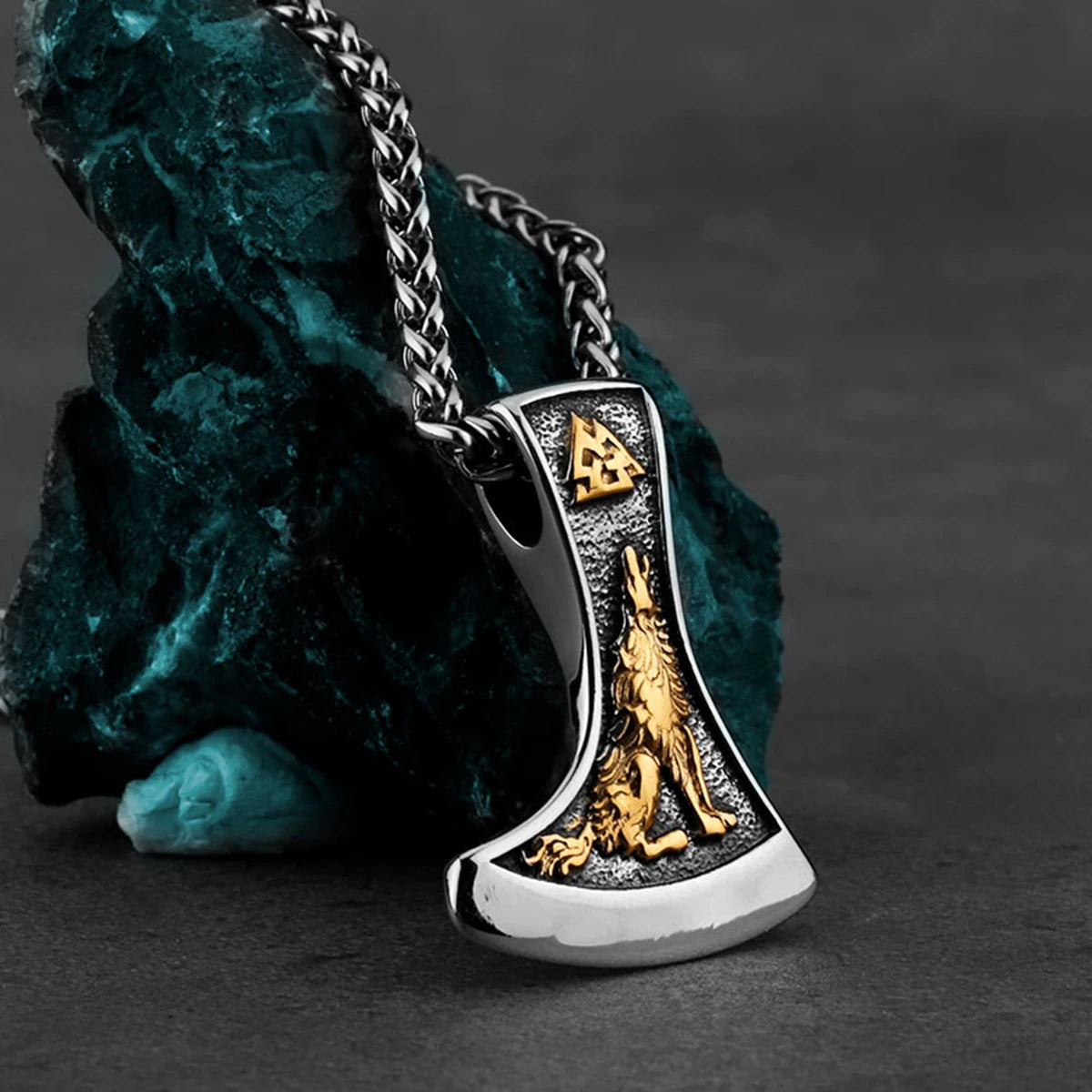 Vintage Viking Double Sided Axe Wolf and Crow Men Necklace Fashion Hip Hop Biker Pendant Stainless Steel Jewelry Gift