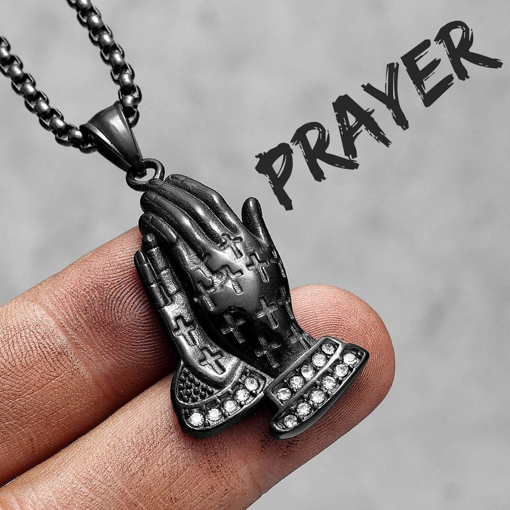 Praying Hands Cross Pendant — Stainless Steel