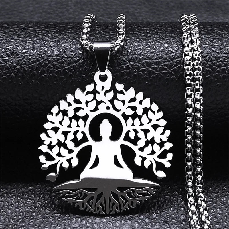 Buddhism Meditation Buddha Yoga Pendant Necklace Stainless Steel Tree of Life Buddhist Chakras Reiki Chain Jewelry Collar